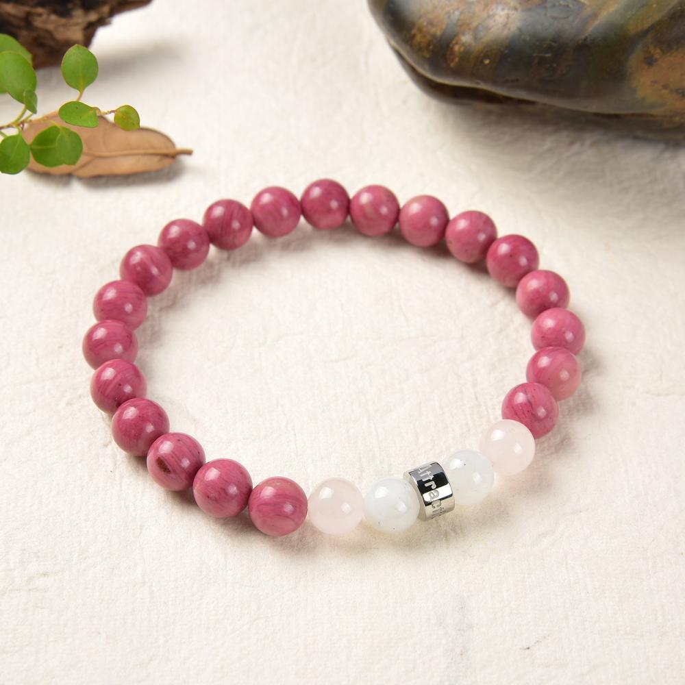 Bracelet «Harmonie, Joie De Vivre et Amour» en Pierres de Lune du  Sri Lanka, Quartz Rose de Madagascar et Rhodonite  d'Afrique du Sud