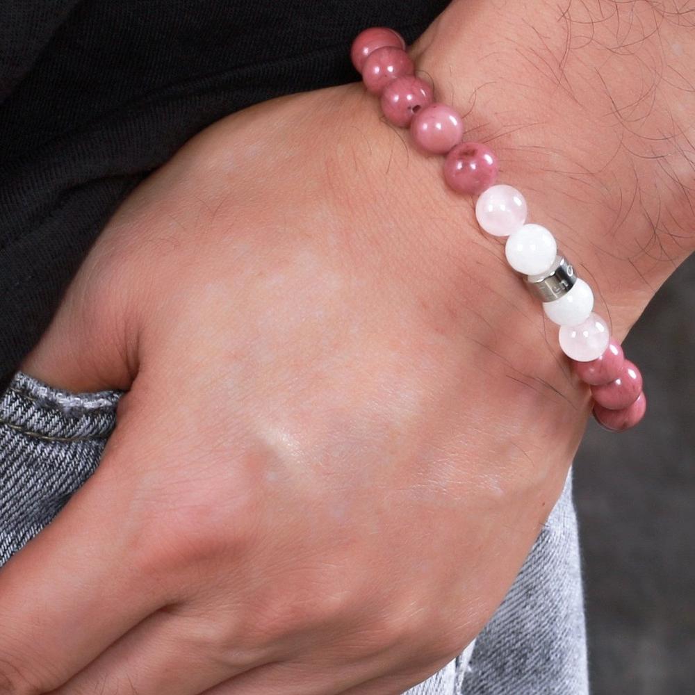 Bracelet «Harmonie, Joie De Vivre et Amour» en Pierres de Lune du  Sri Lanka, Quartz Rose de Madagascar et Rhodonite  d'Afrique du Sud