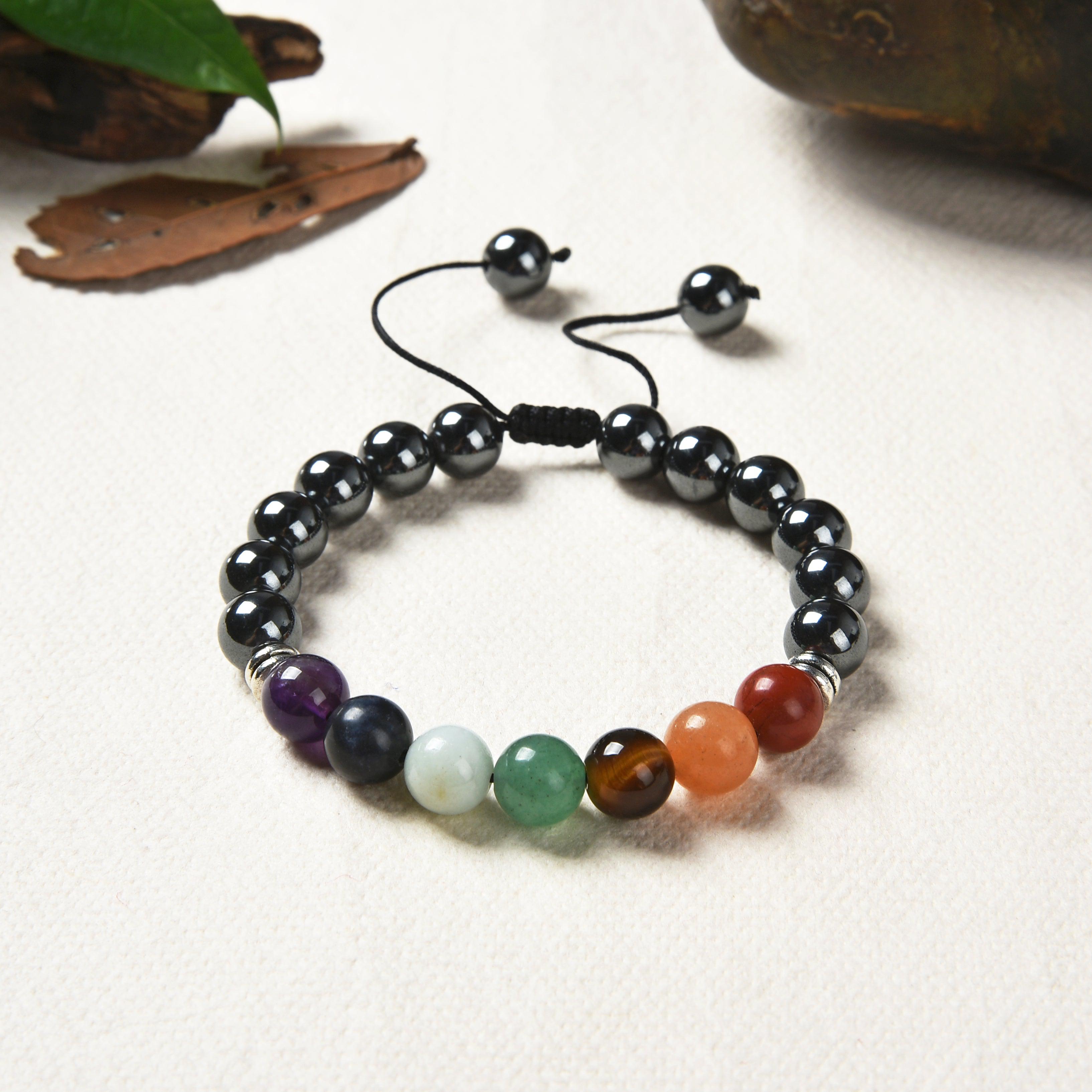 Bracelet Shamballa 7 Chakras | Hématite & Pierres Naturelles | Jasper Rouge, Aventurine Orange, Œil de Tigre, Aventurine Verte, Amazonite, Sodalite, Améthyste