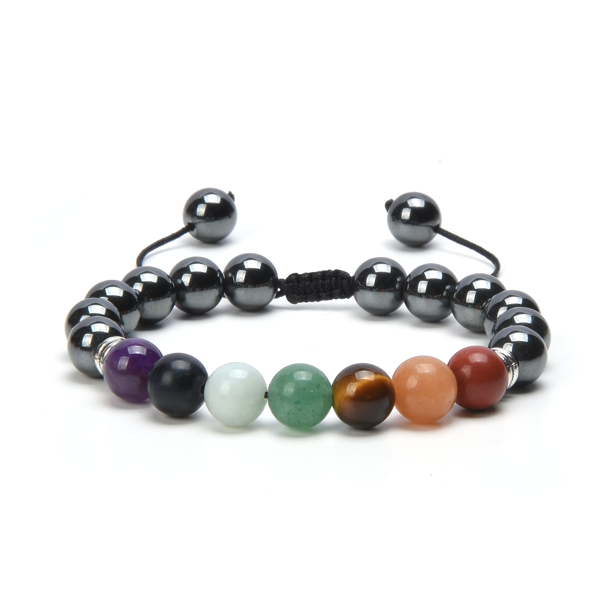 Bracelet Shamballa 7 Chakras | Hématite & Pierres Naturelles | Jasper Rouge, Aventurine Orange, Œil de Tigre, Aventurine Verte, Amazonite, Sodalite, Améthyste