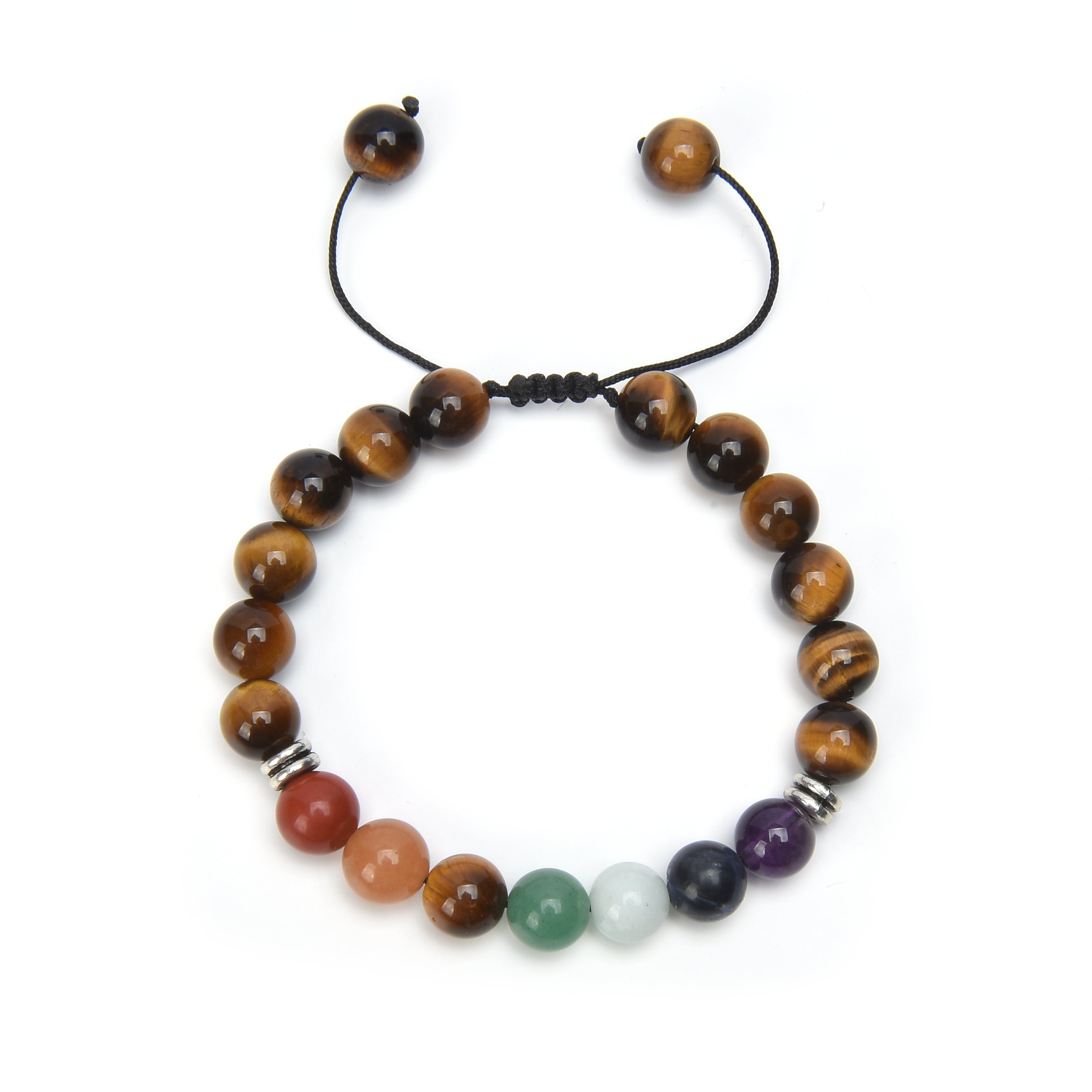 Bracelet Shamballa 7 Chakras | Œil de Tigre & Pierres Naturelles | Jasper Rouge, Aventurine Orange, Aventurine Verte, Amazonite, Sodalite, Améthyste