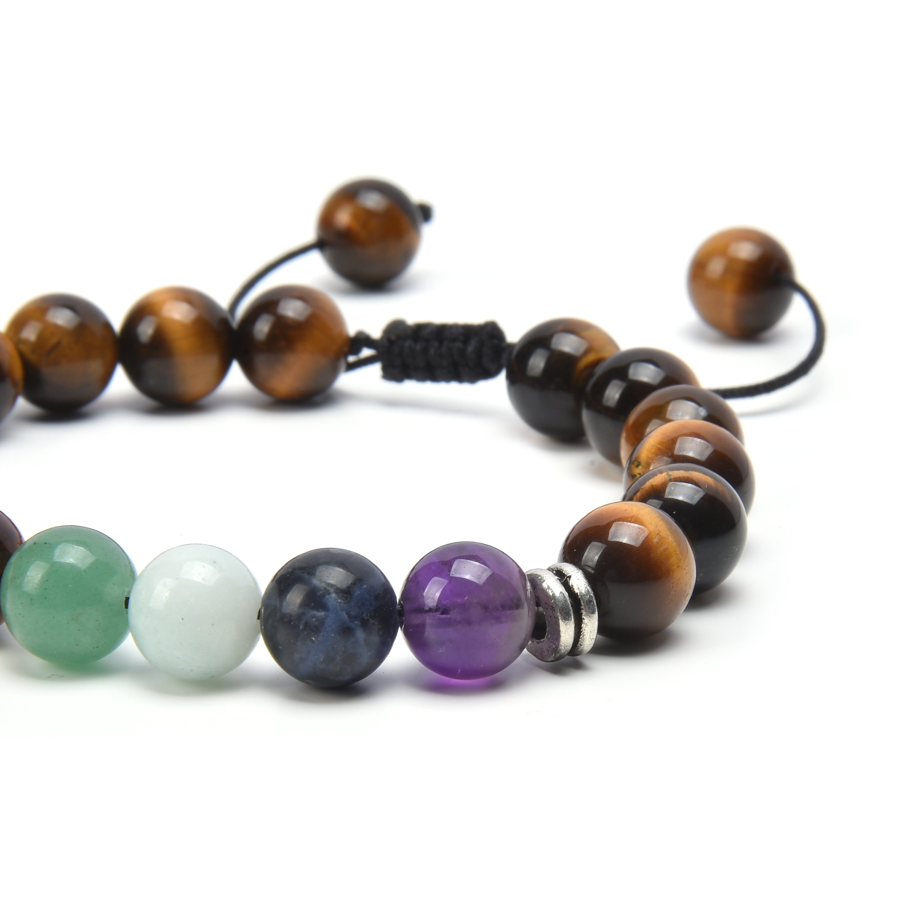 Bracelet Shamballa 7 Chakras | Œil de Tigre & Pierres Naturelles | Jasper Rouge, Aventurine Orange, Aventurine Verte, Amazonite, Sodalite, Améthyste