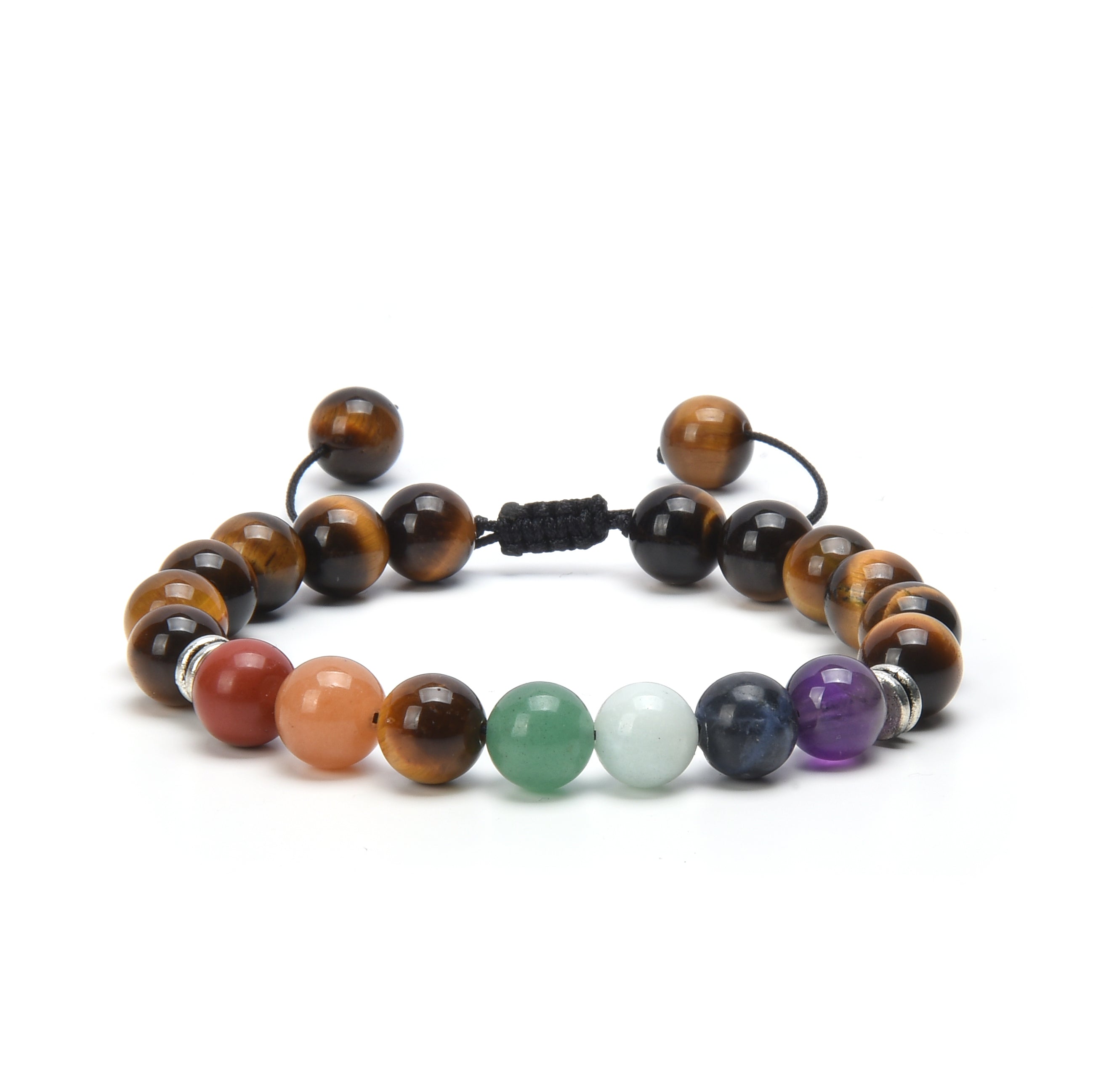 Bracelet Shamballa 7 Chakras | Œil de Tigre & Pierres Naturelles | Jasper Rouge, Aventurine Orange, Aventurine Verte, Amazonite, Sodalite, Améthyste