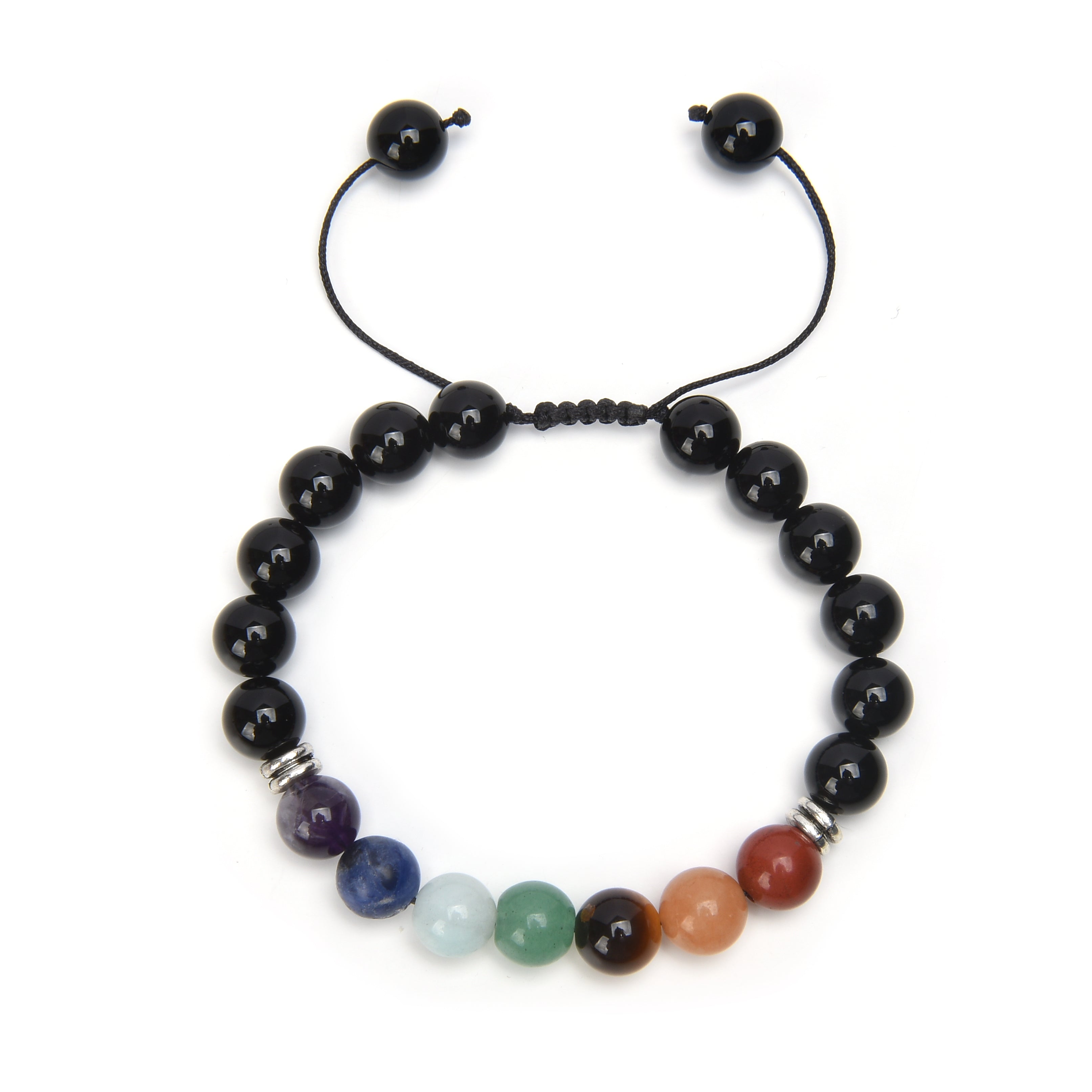 Bracelet Shamballa 7 Chakras | Onyx Noir & Pierres Naturelles | Jasper Rouge, Aventurine Orange, Œil de Tigre, Aventurine Verte, Amazonite, Sodalite, Améthyste