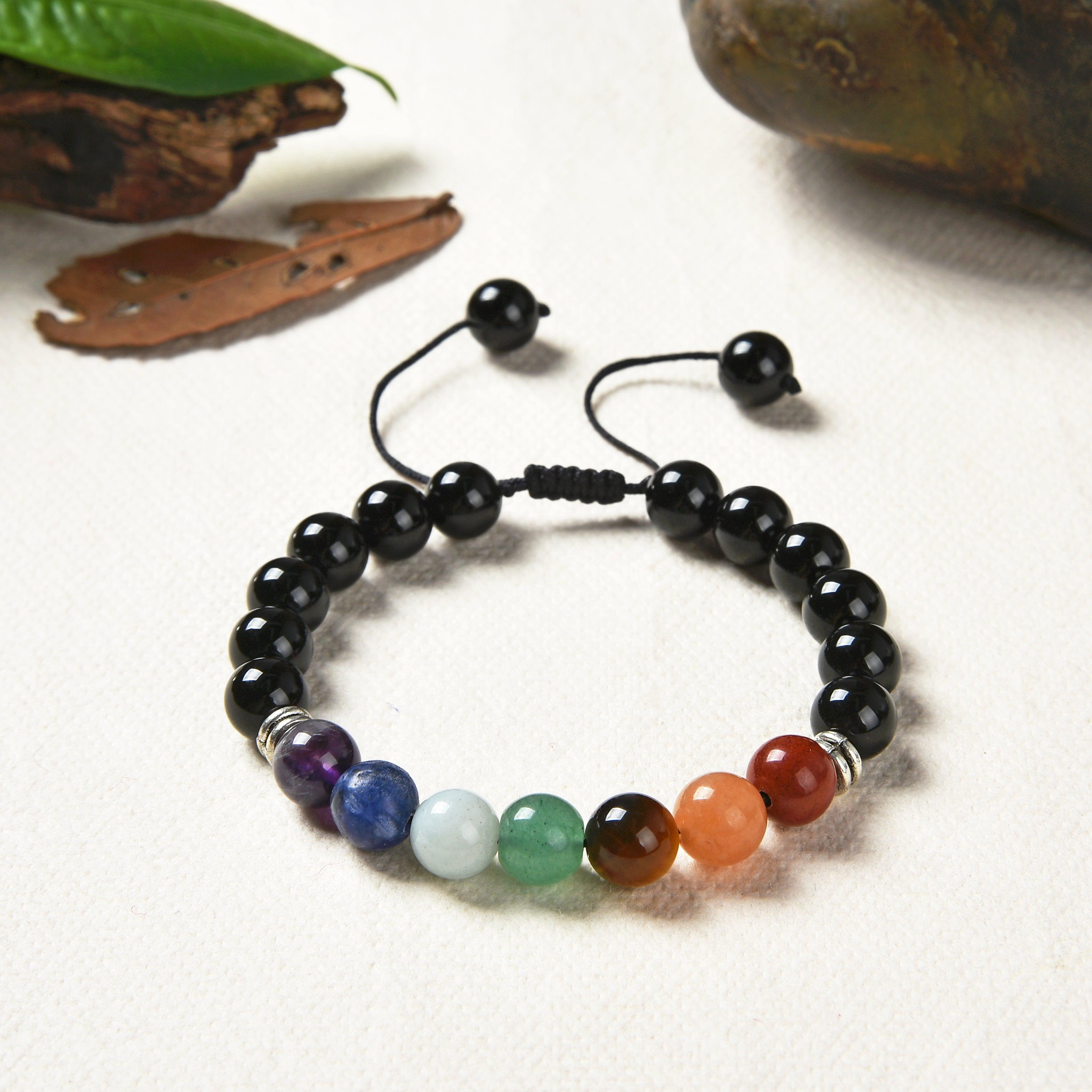 Bracelet Shamballa 7 Chakras | Onyx Noir & Pierres Naturelles | Jasper Rouge, Aventurine Orange, Œil de Tigre, Aventurine Verte, Amazonite, Sodalite, Améthyste