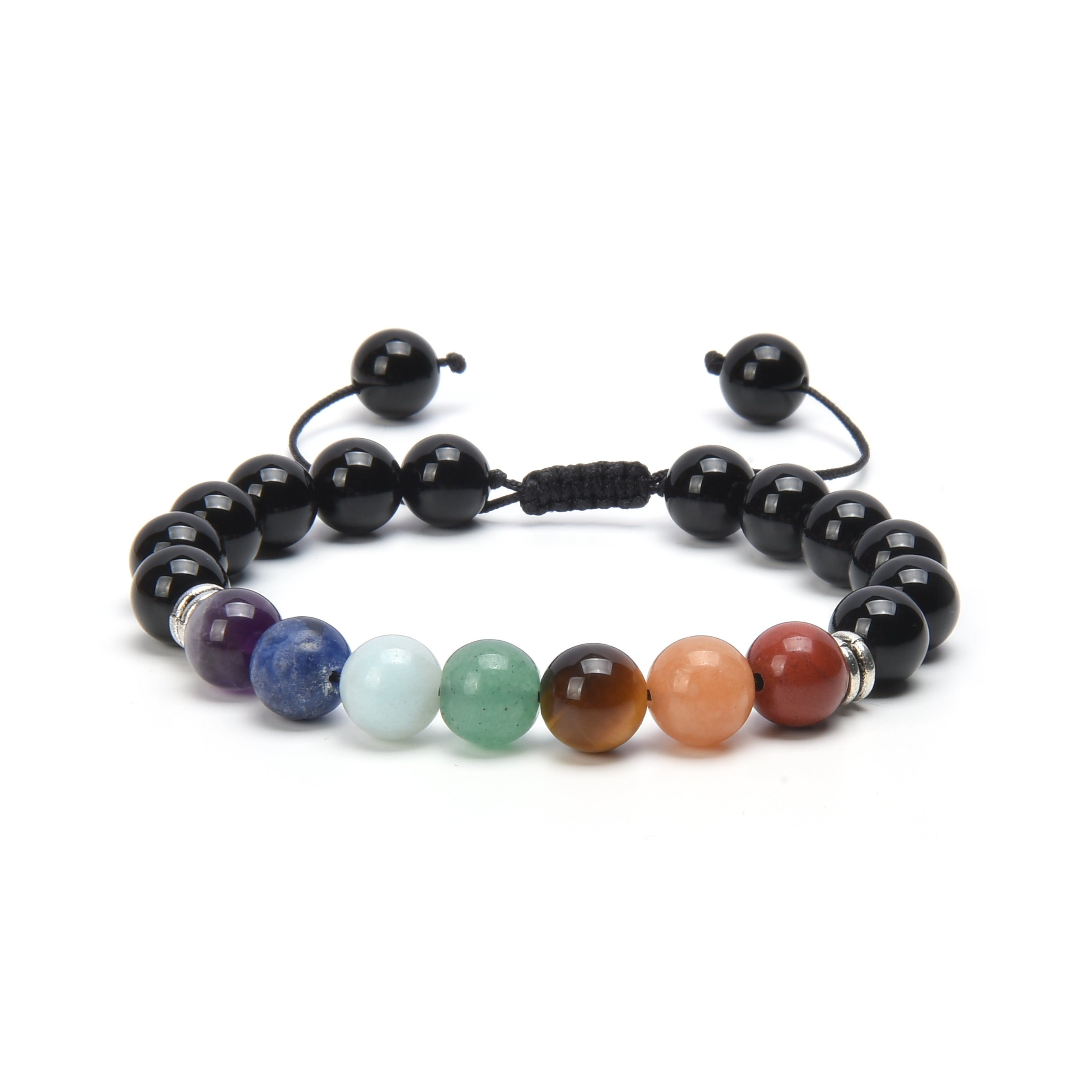 Bracelet Shamballa 7 Chakras | Onyx Noir & Pierres Naturelles | Jasper Rouge, Aventurine Orange, Œil de Tigre, Aventurine Verte, Amazonite, Sodalite, Améthyste