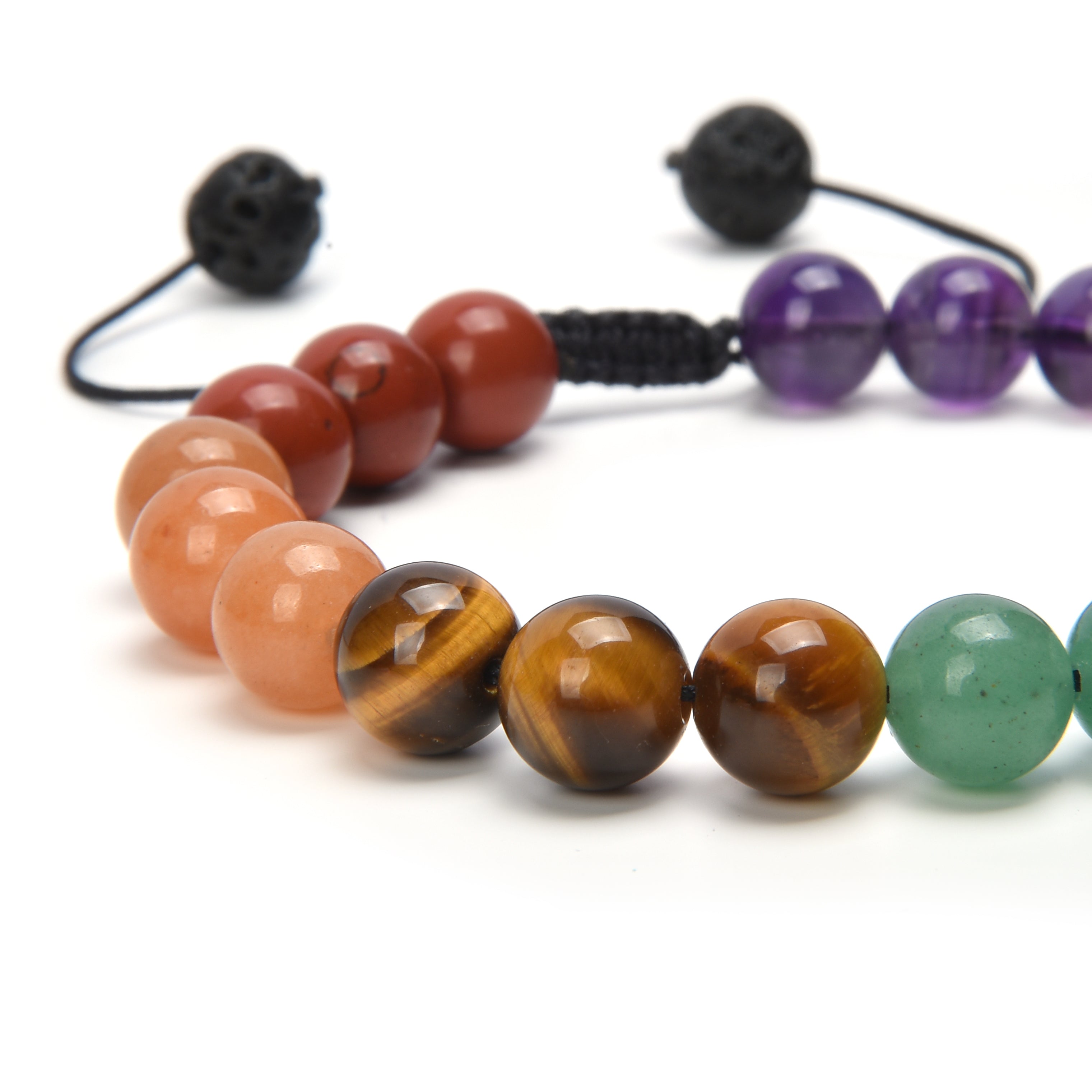 Bracelet Shamballa 7 Chakras | Pierres Naturelles Alternées | Jasper Rouge, Aventurine Orange, Œil de Tigre, Aventurine Verte, Amazonite, Sodalite, Améthyste