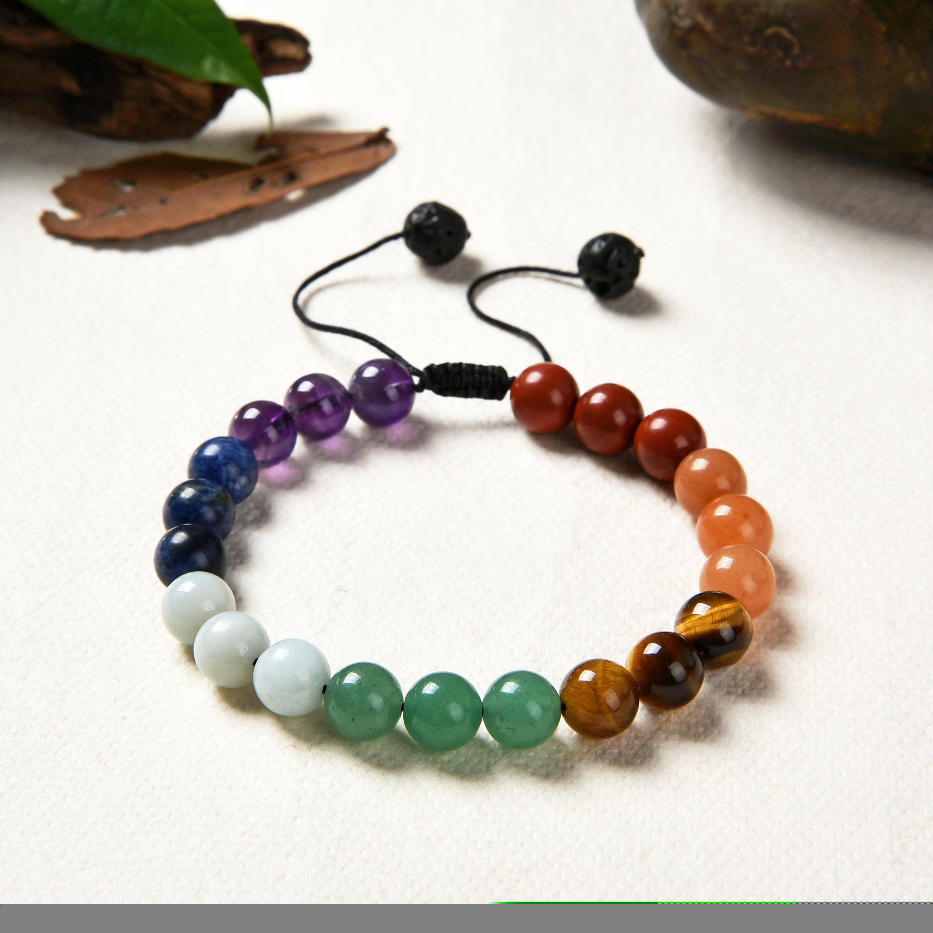 Bracelet Shamballa 7 Chakras | Pierres Naturelles Alternées | Jasper Rouge, Aventurine Orange, Œil de Tigre, Aventurine Verte, Amazonite, Sodalite, Améthyste