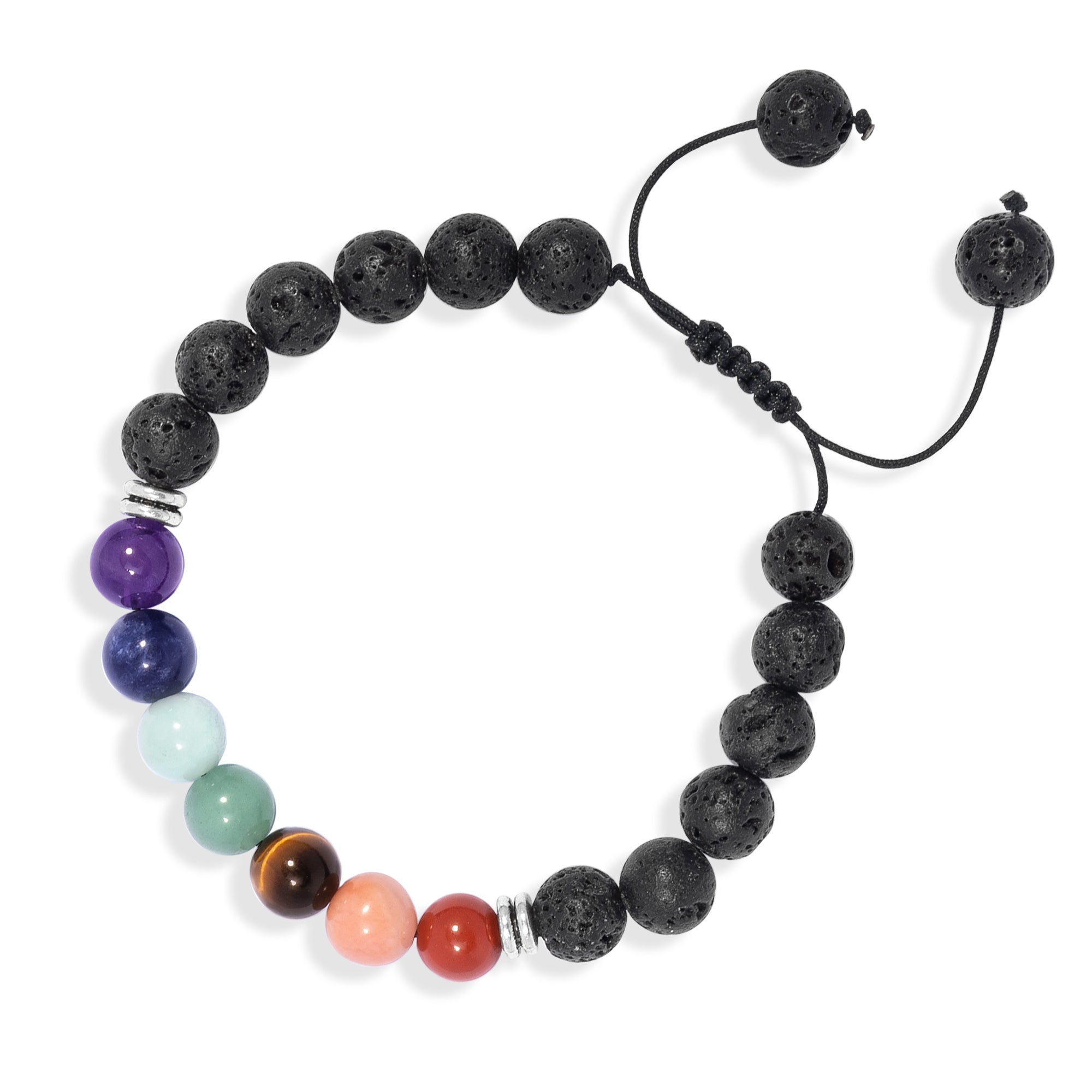 Bracelet Shamballa 7 Chakras | Pierres de lave | Jasper Rouge, Aventurine Orange, Œil de Tigre, Aventurine Verte, Amazonite, Sodalite, Améthyste et Pierre de Lave