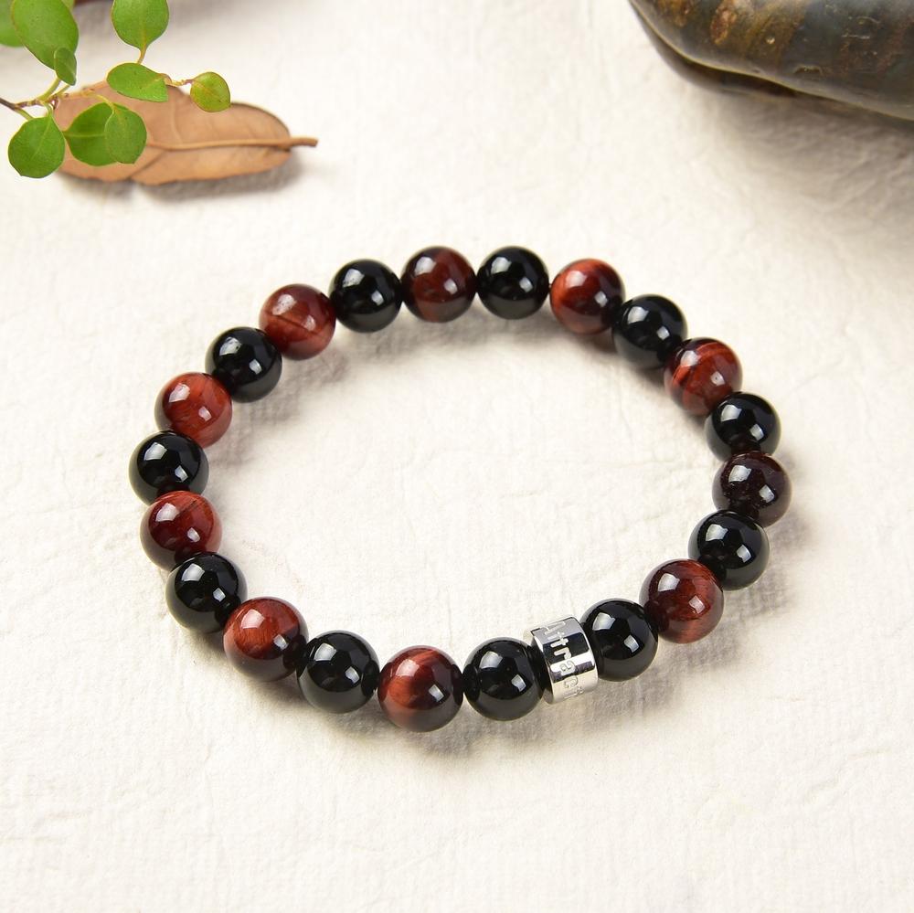 Bracelet «Vitalité et Energie» en Oeil de Tigre Rouge d'Afrique du Sud et Onyx Noir d'Afrique