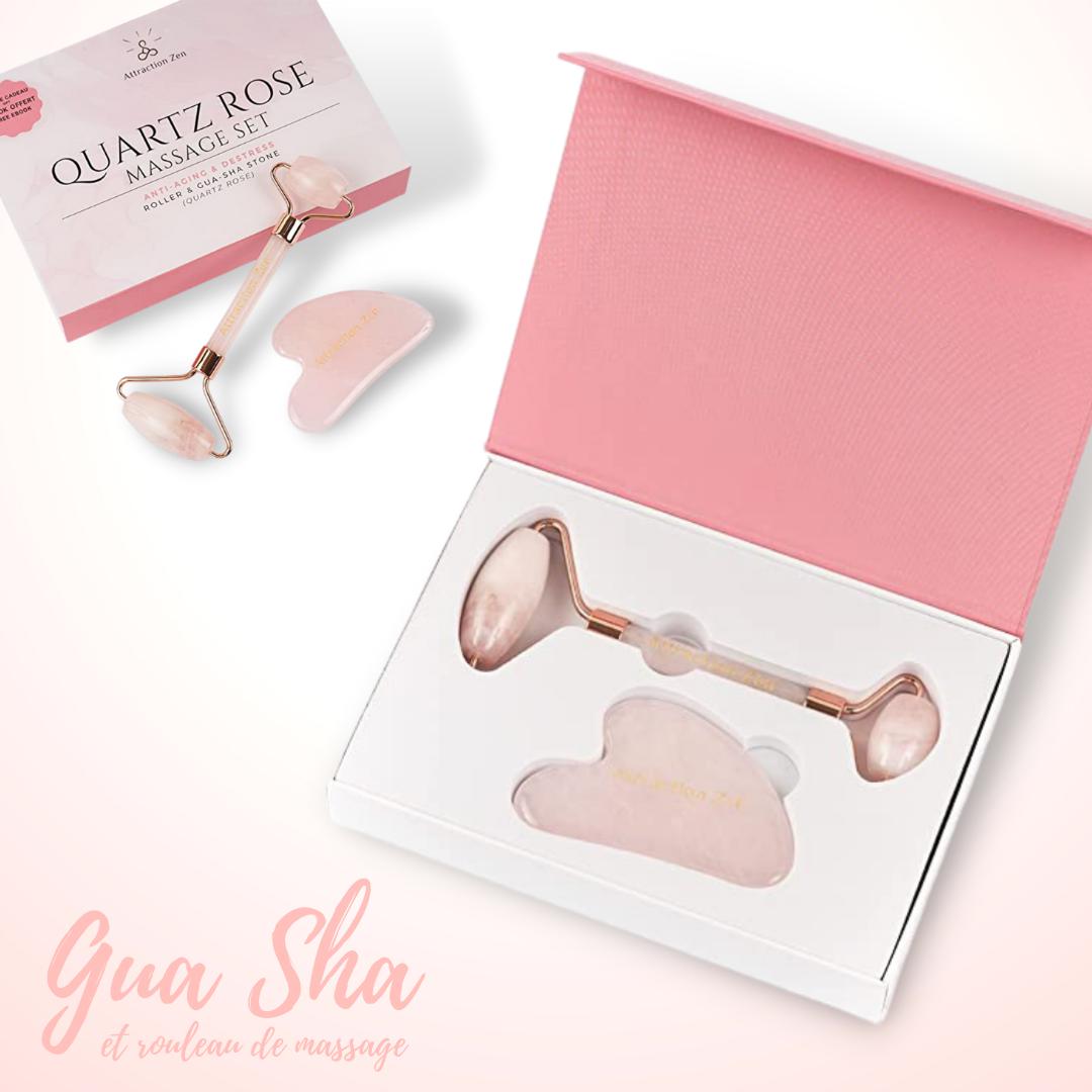 Coffret Rouleau de Massage et Gua Sha en Quartz Rose