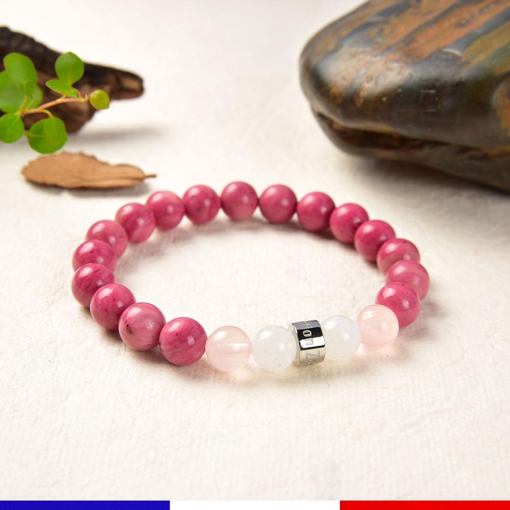 Bracelet «Harmonie, Joie De Vivre et Amour» en Pierres de Lune du  Sri Lanka, Quartz Rose de Madagascar et Rhodonite  d'Afrique du Sud