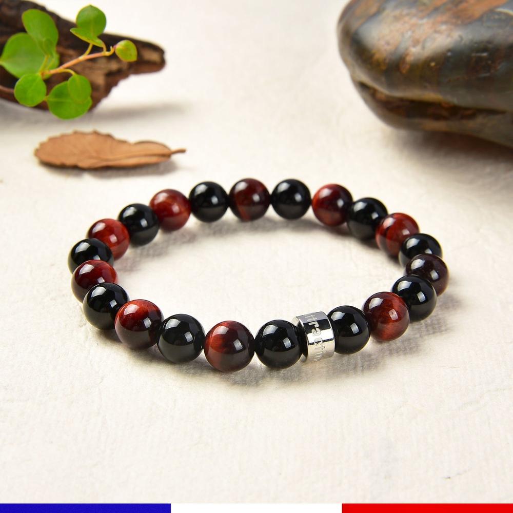 Bracelet «Vitalité et Energie» en Oeil de Tigre Rouge d'Afrique du Sud et Onyx Noir d'Afrique